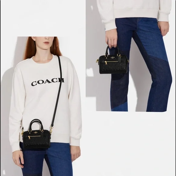 NWT COACH MINI ROWAN CROSSBODY IN SIGNATURE LEATHER GOLD/BLACK SHOULDER BAG - Picture 2 of 6